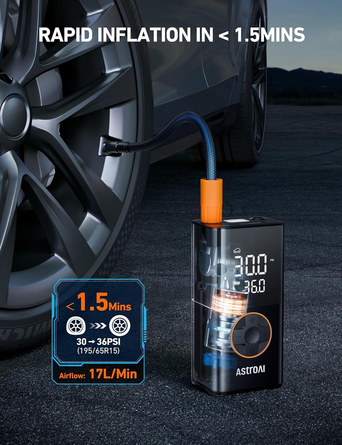 image:imageAstroAI Tire Inflator L7S Portable Air Compressor Cordless Bike Pump with Digital Dual Values Display 150 PSI Car Tires Pump with LED Lights Air Pump for Cars Motorcycles Bikes Balls BlueOrange