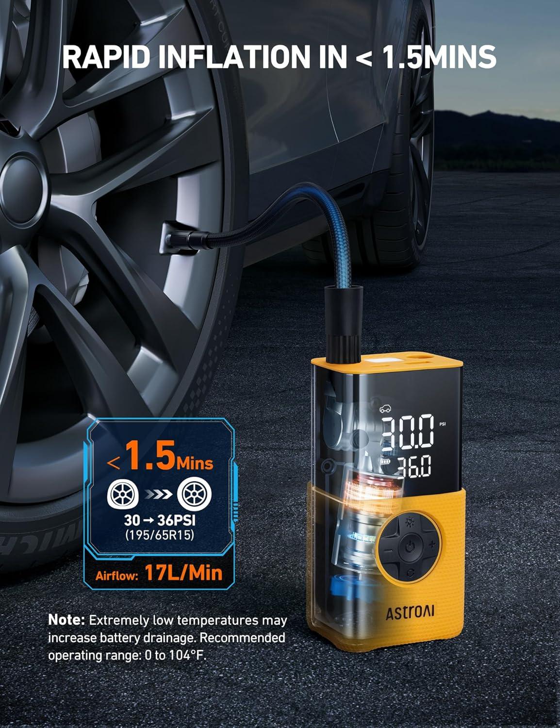 image:imageAstroAI Tire Inflator L7S Portable Air Compressor Cordless Bike Pump with Digital Dual Values Display 150 PSI Car Tires Pump with LED Lights Air Pump for Cars Motorcycles Bikes Balls BlueYellowSilicone