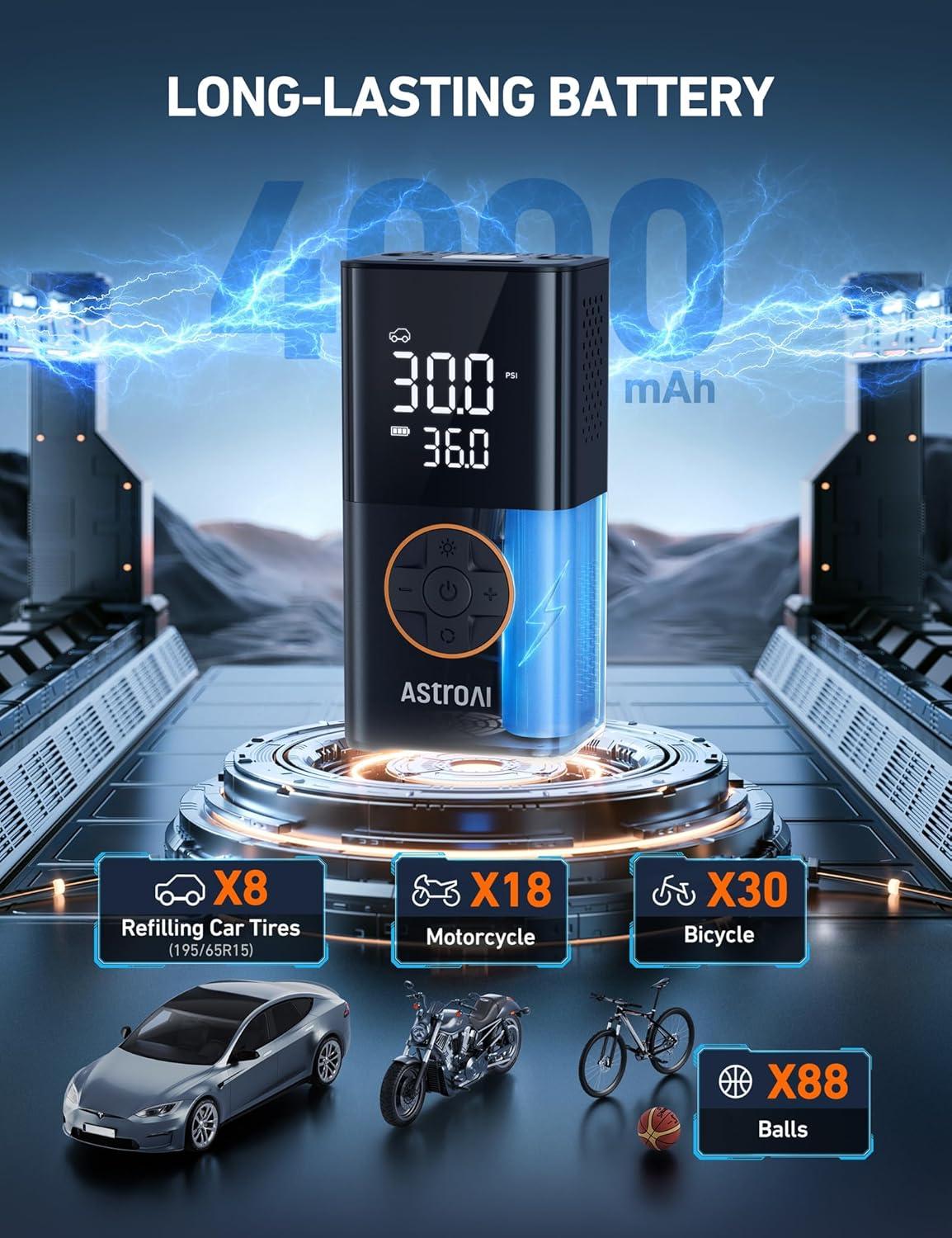 image:imageAstroAI Tire Inflator L7S Portable Air Compressor Cordless Bike Pump with Digital Dual Values Display 150 PSI Car Tires Pump with LED Lights Air Pump for Cars Motorcycles Bikes Balls BlueOrange