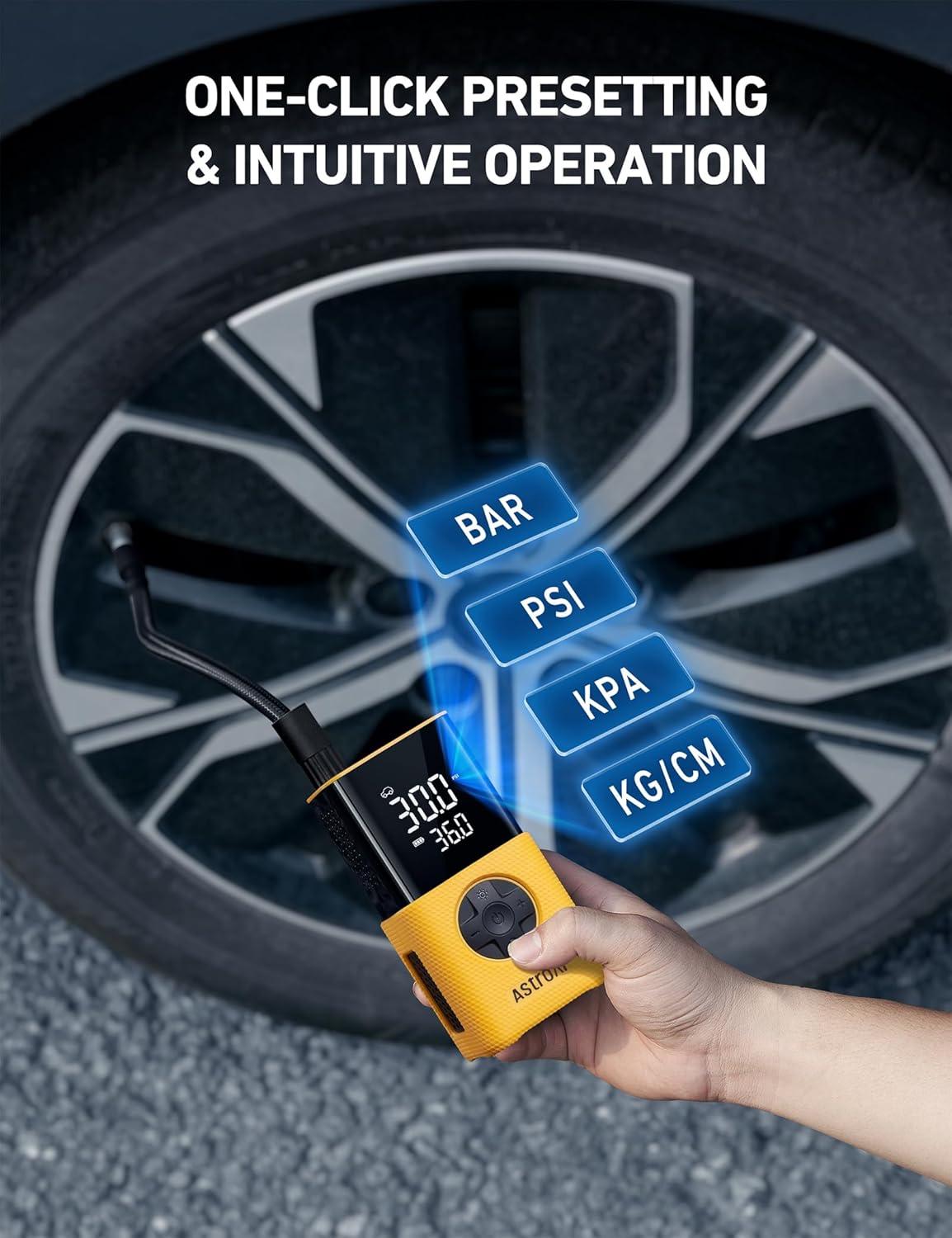 image:imageAstroAI Tire Inflator L7S Portable Air Compressor Cordless Bike Pump with Digital Dual Values Display 150 PSI Car Tires Pump with LED Lights Air Pump for Cars Motorcycles Bikes Balls BlueYellowSilicone