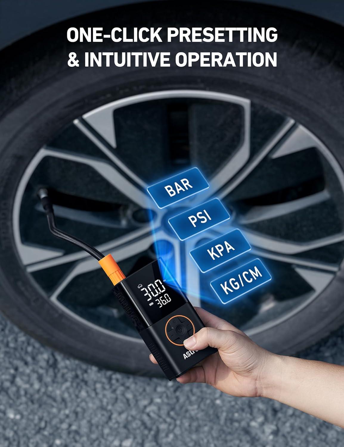 image:imageAstroAI Tire Inflator L7S Portable Air Compressor Cordless Bike Pump with Digital Dual Values Display 150 PSI Car Tires Pump with LED Lights Air Pump for Cars Motorcycles Bikes Balls BlueOrange
