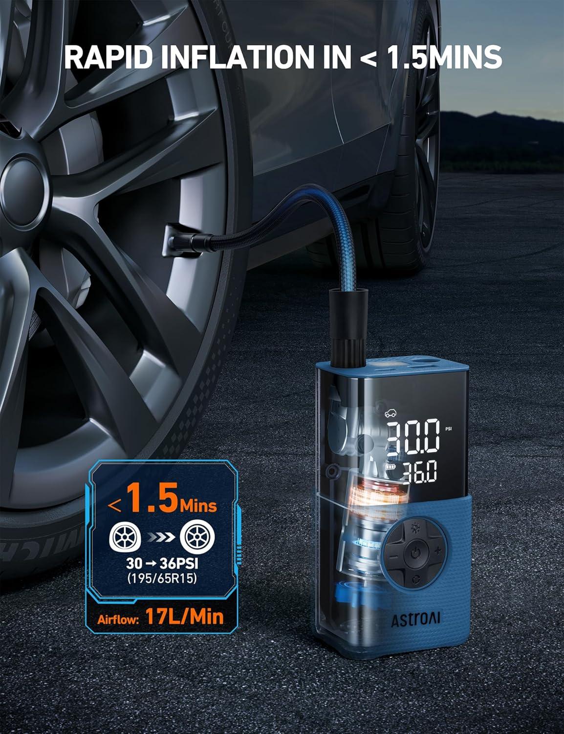 image:imageAstroAI Tire Inflator L7S Portable Air Compressor Cordless Bike Pump with Digital Dual Values Display 150 PSI Car Tires Pump with LED Lights Air Pump for Cars Motorcycles Bikes Balls BlueBlue