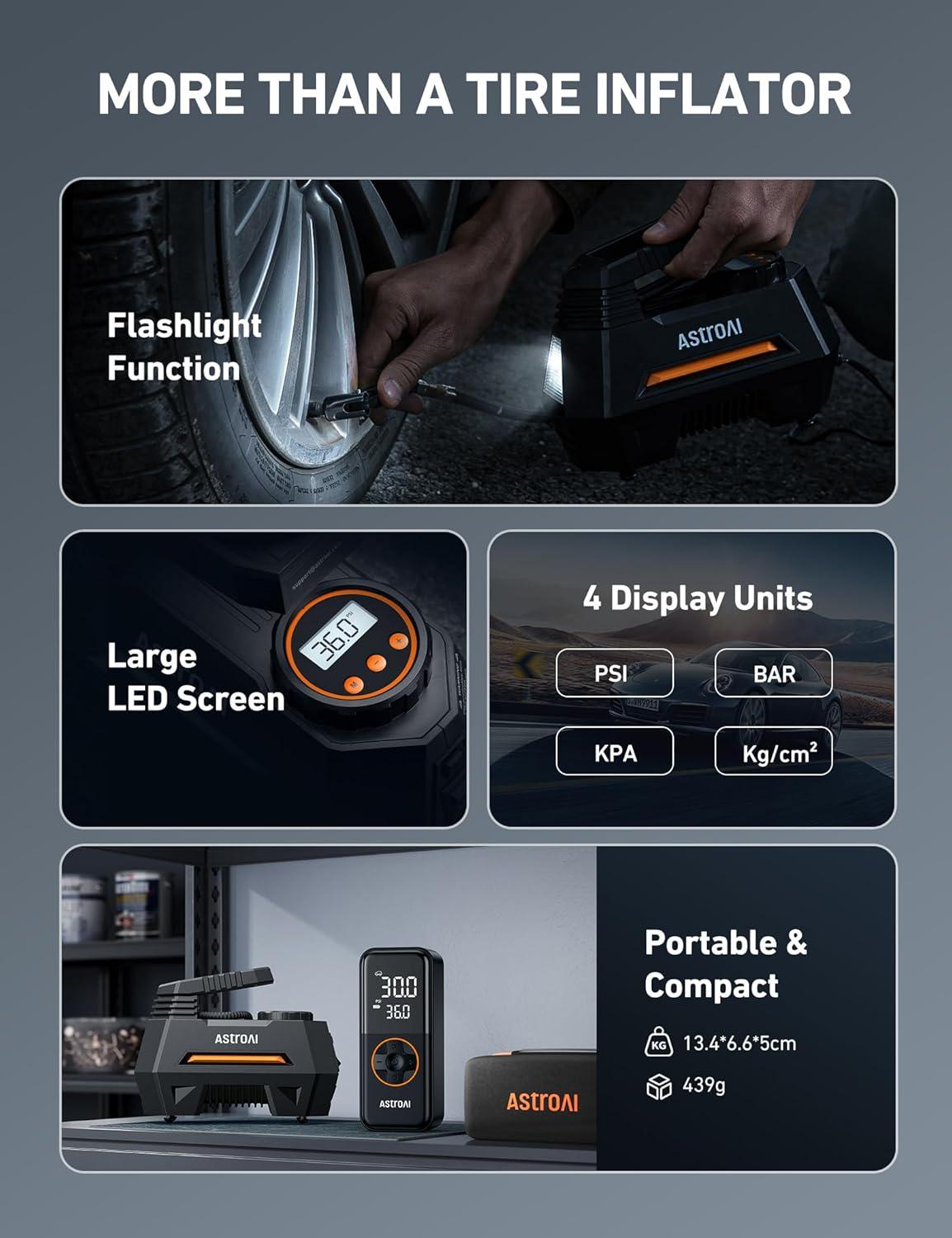image:imageAstroAI H2 Pro Tire Inflator Portable Air Compressor Fully Upgraded Cordless Tire Inflator with DC 12V amp Battery Dual Power Supplies Fast Inflation Air Pump for Car Tires Motorcycles YellowOrange