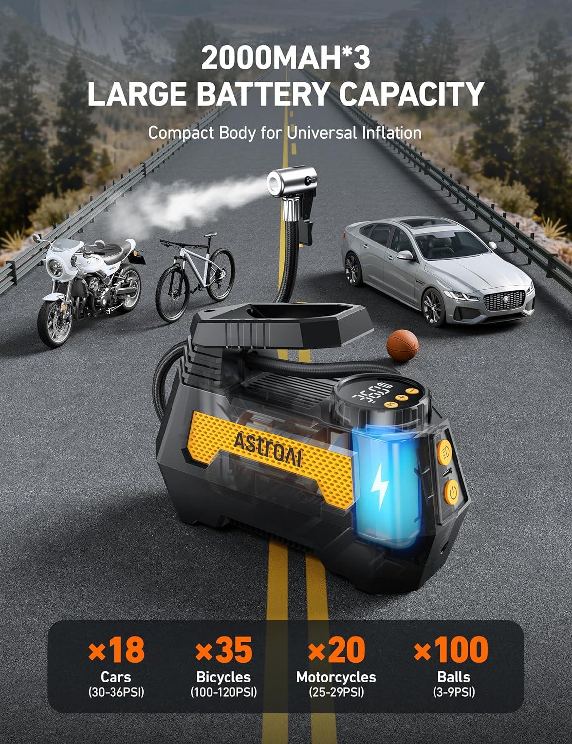 image:imageAstroAI H2 Pro Tire Inflator Portable Air Compressor Fully Upgraded Cordless Tire Inflator with DC 12V amp Battery Dual Power Supplies Fast Inflation Air Pump for Car Tires Motorcycles YellowYellow