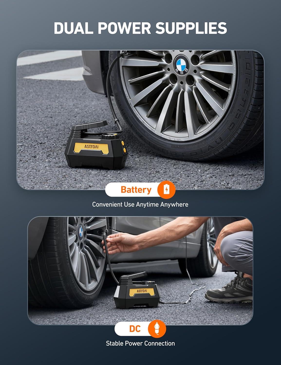 image:imageAstroAI H2 Pro Tire Inflator Portable Air Compressor Fully Upgraded Cordless Tire Inflator with DC 12V amp Battery Dual Power Supplies Fast Inflation Air Pump for Car Tires Motorcycles YellowLight Yellow
