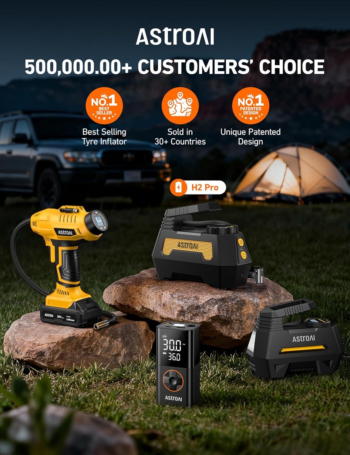 image:imageAstroAI H2 Pro Tire Inflator Portable Air Compressor Fully Upgraded Cordless Tire Inflator with DC 12V amp Battery Dual Power Supplies Fast Inflation Air Pump for Car Tires Motorcycles YellowLight Yellow