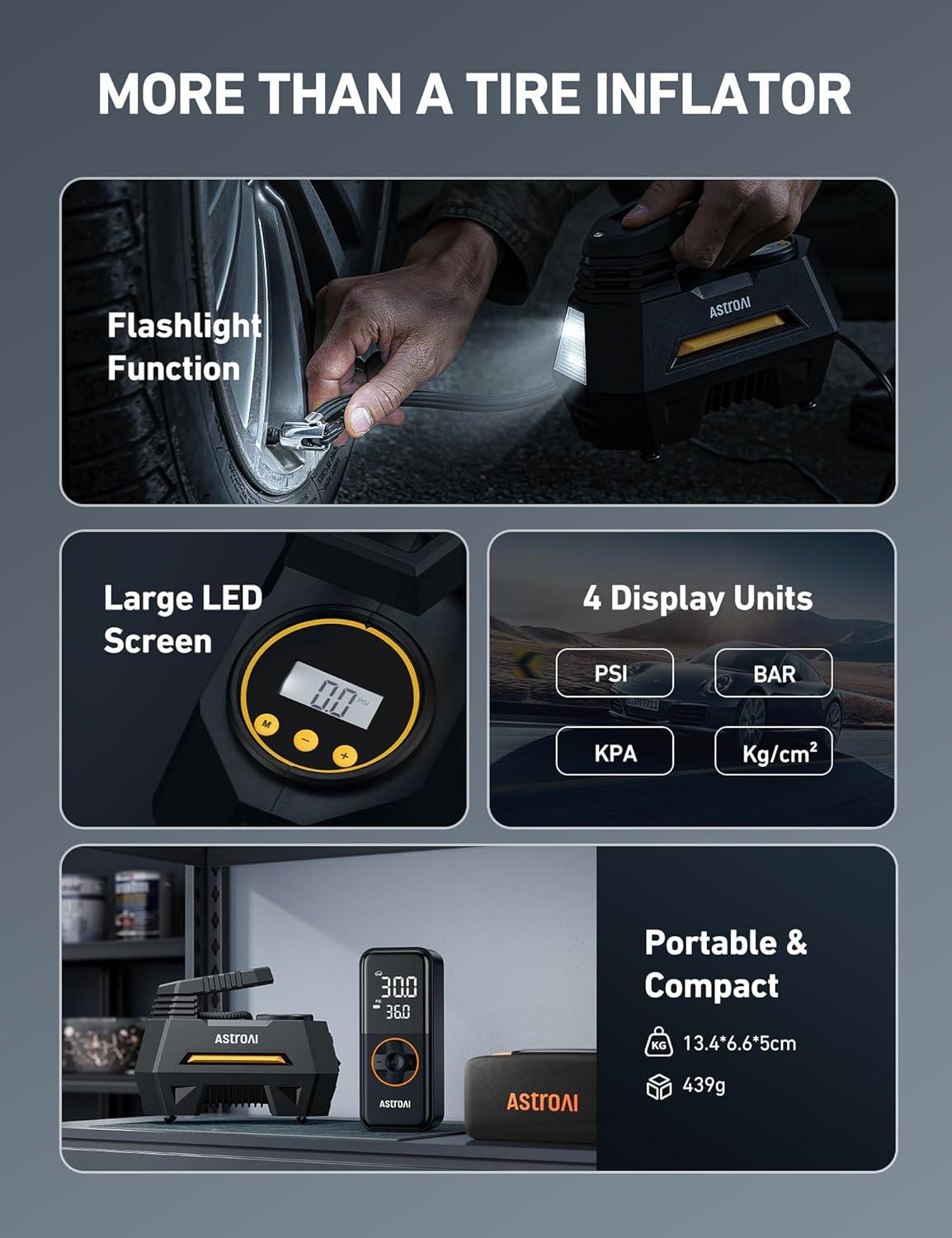 image:imageAstroAI Tire Inflator Portable Air Compressor Air Pump for Car TiresCar Accessories 98Ft Cord12V DCPowered Auto Pump with Digital Pressure Gauge Emergency LED Light for Bicycle Balloons OrangeYellow