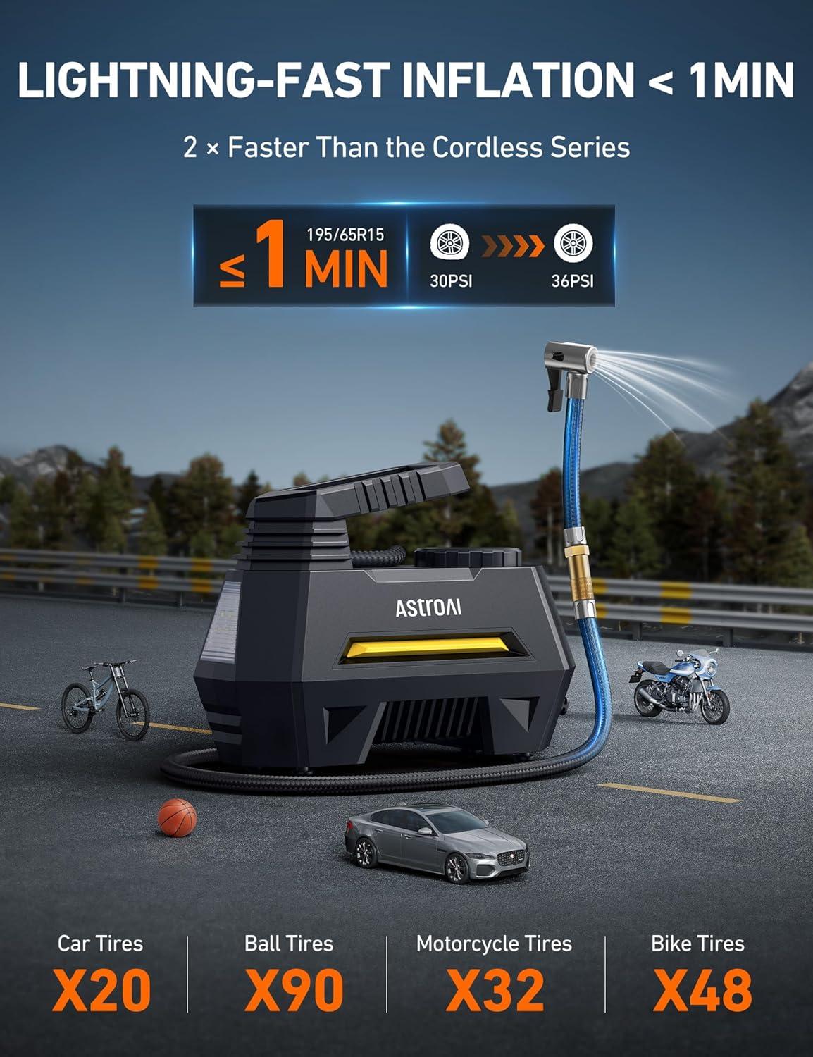 image:imageAstroAI Tire Inflator Portable Air Compressor Air Pump for Car TiresCar Accessories 98Ft Cord12V DCPowered Auto Pump with Digital Pressure Gauge Emergency LED Light for Bicycle Balloons OrangeYellow