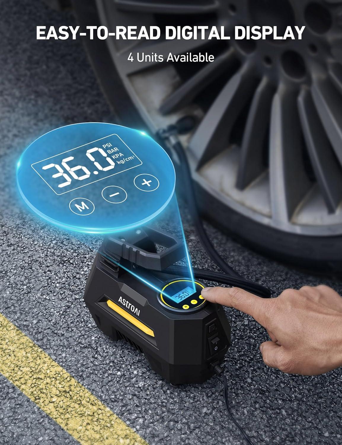image:imageAstroAI Tire Inflator Portable Air Compressor Air Pump for Car TiresCar Accessories 98Ft Cord12V DCPowered Auto Pump with Digital Pressure Gauge Emergency LED Light for Bicycle Balloons OrangeYellow