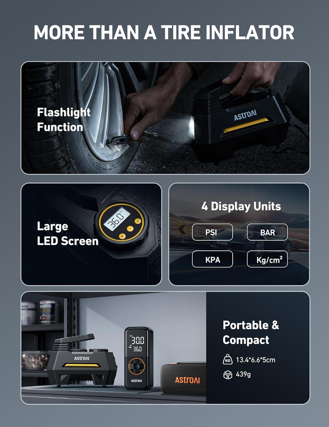 image:imageAstroAI Tire Inflator Portable Air Compressor Air Pump for Car TiresCar Accessories 98Ft Cord12V DCPowered Auto Pump with Digital Pressure Gauge Emergency LED Light for Bicycle Balloons OrangeYellow