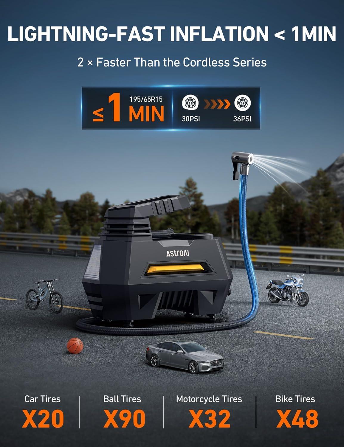 image:imageAstroAI Tire Inflator Portable Air Compressor Air Pump for Car TiresCar Accessories 98Ft Cord12V DCPowered Auto Pump with Digital Pressure Gauge Emergency LED Light for Bicycle Balloons OrangeYellow