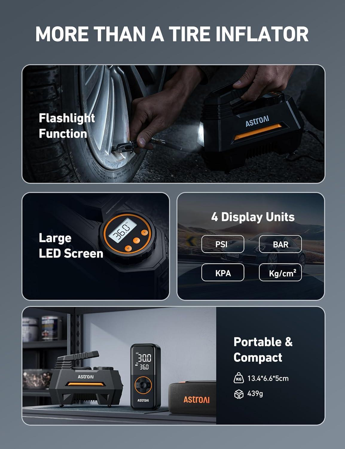 image:imageAstroAI Tire Inflator Portable Air Compressor Air Pump for Car TiresCar Accessories 98Ft Cord12V DCPowered Auto Pump with Digital Pressure Gauge Emergency LED Light for Bicycle Balloons OrangeOrange