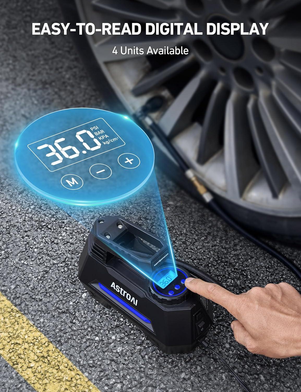 image:imageAstroAI Tire Inflator Portable Air Compressor Air Pump for Car TiresCar Accessories 98Ft Cord12V DCPowered Auto Pump with Digital Pressure Gauge Emergency LED Light for Bicycle Balloons OrangeBlue