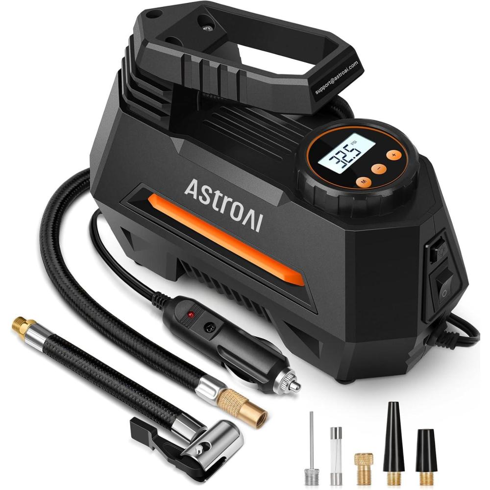 image:imageAstroAI Tire Inflator Portable Air Compressor Air Pump for Car TiresCar Accessories 98Ft Cord12V DCPowered Auto Pump with Digital Pressure Gauge Emergency LED Light for Bicycle Balloons OrangeOrange