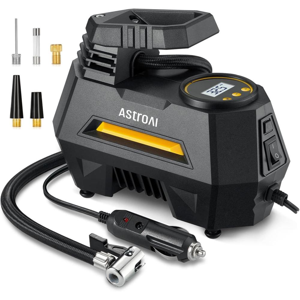 image:imageAstroAI Tire Inflator Portable Air Compressor Air Pump for Car TiresCar Accessories 98Ft Cord12V DCPowered Auto Pump with Digital Pressure Gauge Emergency LED Light for Bicycle Balloons OrangeYellow