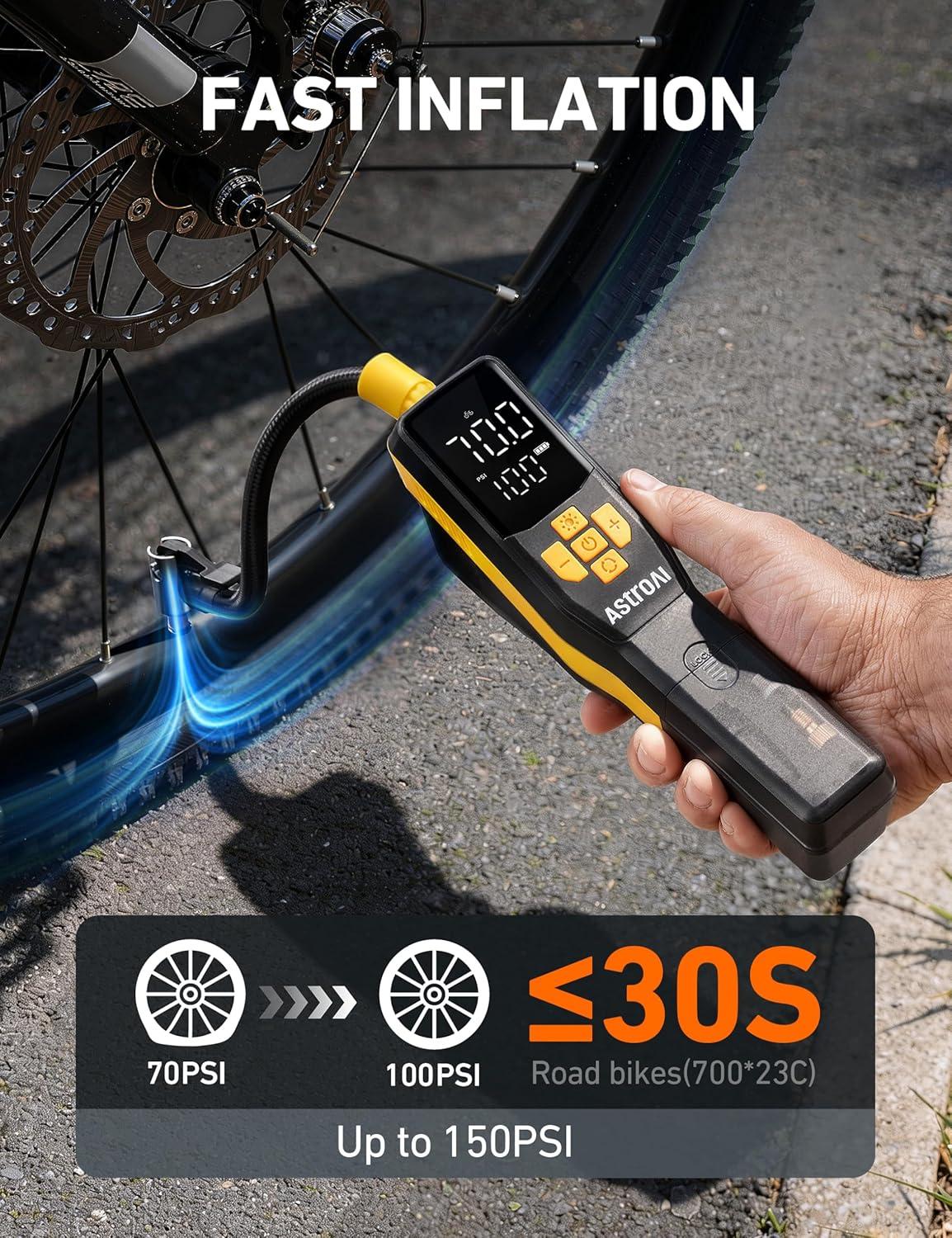 image:imageAstroAI 150 PSI Tire Inflator Portable Air Compressor for Car Tires Cordless Bike Pump with LCD Display Auto ShutOff 5 Modes Air Pump for Car Motorcycle Bicycle Balls LED Light amp Storage Design