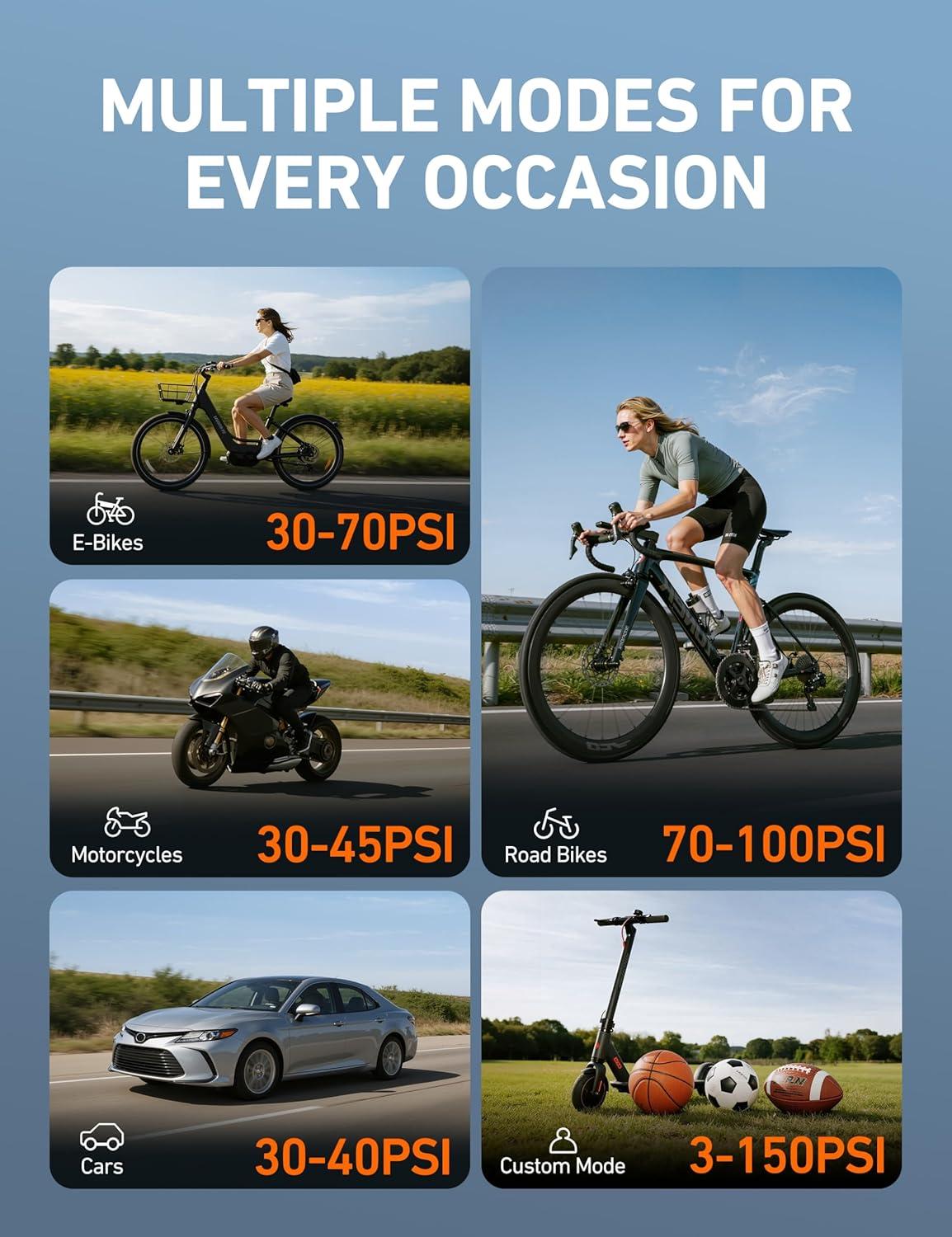 image:imageAstroAI 150 PSI Tire Inflator Portable Air Compressor for Car Tires Cordless Bike Pump with LCD Display Auto ShutOff 5 Modes Air Pump for Car Motorcycle Bicycle Balls LED Light amp Storage Design