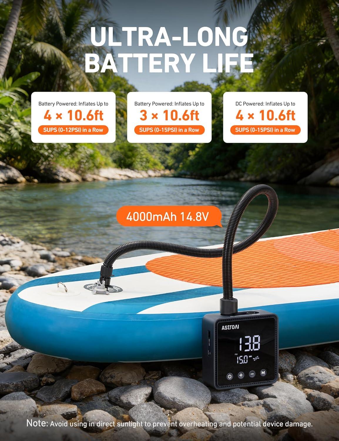 image:imageAstroAI P3 Electric Paddle Board Pump 20PSI Rechargeable SUP Pump for Paddleboard with Battery amp 12V DC Dual Stage Inflation amp Deflation and AutoOff SUP Air Pump for Kayak Tent BoatBlack